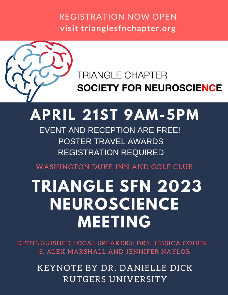 DukeBrain's tweet image. The annual @Triangle_SfN meeting is quickly approached! Mark your calendars for APRIL 21st at the @WashingtonDuke for this year's *free* local neuroscience gathering  🔼🧠

More details 👉 trianglesfnchapter.org