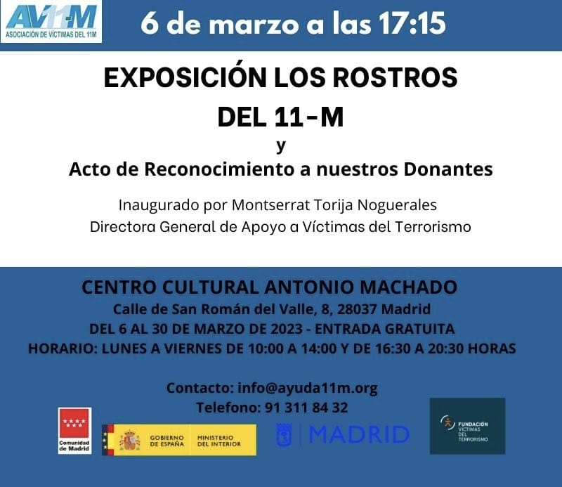 Esta tarde he estado en la inauguración en el CC Antonio Machado <a href="/JMD_SanBlas/">Distrito de San Blas-Canillejas</a> de una exposición de la @AAV11M  (6-30 marzo)  en recuerdo de las víctimas, con fotografías y relatos de algunas de las que resultaron heridas en esa fecha terrible.
No olvidamos su ejemplo y dolor