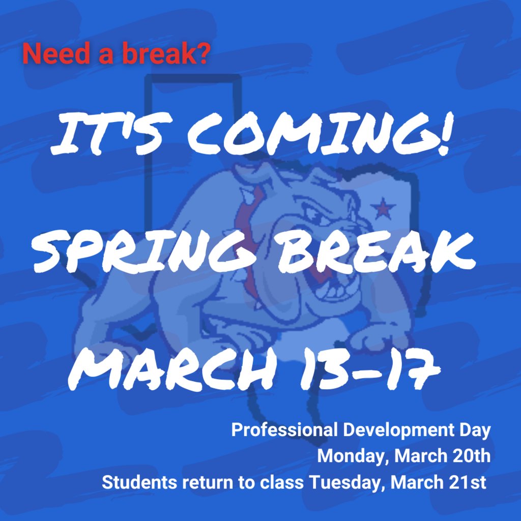 Spring Break is on its way! QISD will be off March 13th - 17th for Spring Break. On Monday, March 20th, QISD staff will return to work for a professional development day. Students will return to class on Tuesday, March 21st.