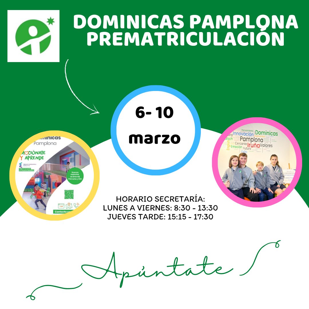 dominicasPNA's tweet photo. 📣Abierto el plazo de prematriculación para Infantil y Primaria👧👦. Puedes realizar la inscripción presencial en horario de secretaria desde hoy hasta el viernes dia 10 de marzo🗓. De lunes a viernes en horario 🕜de mañana 8.30-13.30 y jueves tarde 13:15 a 17:30¡os esperamos! https://t.co/94TP0B2oBf