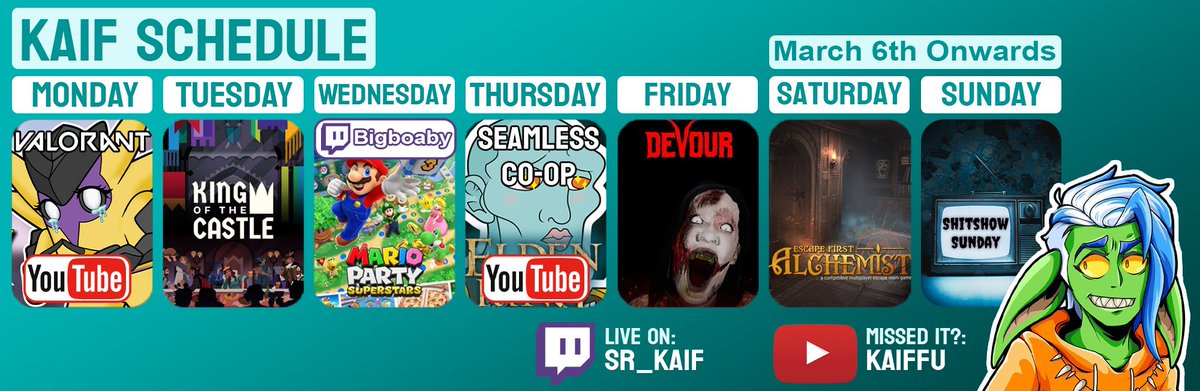 KaiffYT's tweet photo. Stacked week!
M: #VALORANT - SR vs SR trying Gekko agent
T: #KingofTheCastle - Who will be king!
W: #MarioParty - Crowd control Mod
Th: #EldenRing - Glen breaks rules
F: #Devour - NEW MAP HYPE
S: #EscapeFirstAlchemist - Watch us fail
Su: #ShitShowSunday - Single player edition https://t.co/yb8Md4q2zE