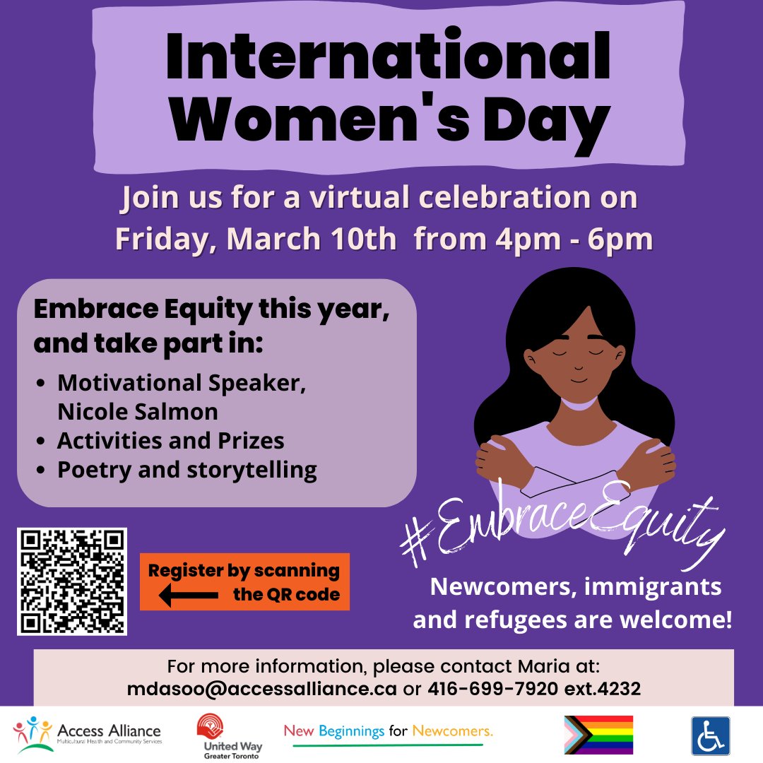 Join us online March 10 as we #EmbraceEquity & celebrate #IWD2023 with speaker Nicole Salmon, poetry, storytelling & more! We hope to see you there. Register via: accessalliance.zoom.us/meeting/regist… or contact mdasoo@accessalliance.ca for more info.