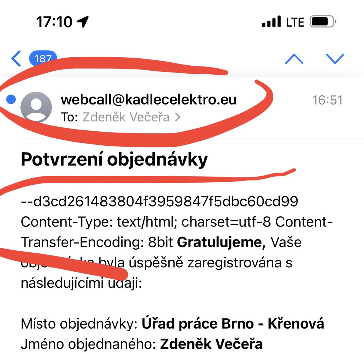 ZdenekVecera's tweet photo. Nevíte prosím @mpsvcz, proč Úřad práce při on-line objednání odesílá potvrzovací e-mail z adresy webcall@kadlecelektro.eu, a ne z adresy ÚP? Proč stejná adresa zůstavá jako odpovědní (při kliknutí na Odpovědět)? A proč na začátku je ten divný text (“hlavičky”)? Děkuji. https://t.co/q7oCmffWUD