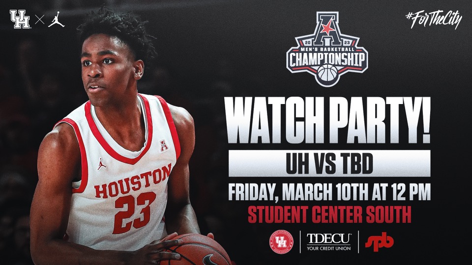 Did someone say watch party?🎉 

Free food and drinks from our friends <a href="/TDECU/">TDECU</a> and hosted by <a href="/UHSGA/">UH SGA</a> 

Arrive early &amp; wear red🚨 

#GoCoogs x #ForTheCity