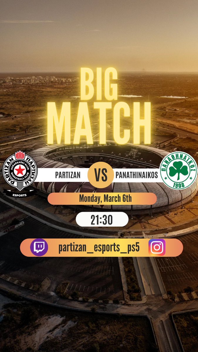 Partizan eSports PS5 (@partizan_es_ps5) on Twitter photo ⚫️⚪️ MATCHDAY EFOOTBALL ⚫️⚪️
🗣 Our eFOOTBALL team will be playing today againts Greek giants, dont miss out on stream because this one will be a big one!
#pišimoistorijuzajedno
🗓 06.03.2023
⏰ 21:30 CET
⚔️ <a href="/PAO_esports/">Panathinaikos Esports</a>
🏆 <a href="/HFPLeague11vs11/">HFP Legendary League 11vs11</a>
📺 twitch.tv/partizan_espor… ⚫️⚪️ MATCHDAY EFOOTBALL ⚫️⚪️
🗣 Our eFOOTBALL team will be playing today againts Greek giants, dont miss out on stream because this one will be a big one!
#pišimoistorijuzajedno
🗓 06.03.2023
⏰ 21:30 CET
⚔️ <a href="/PAO_esports/">Panathinaikos Esports</a>
🏆 <a href="/HFPLeague11vs11/">HFP Legendary League 11vs11</a>
📺 twitch.tv/partizan_espor…
