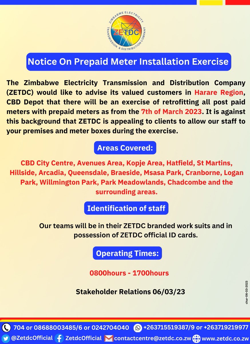 AsterXe_dex's tweet photo. #PrepaidMeterInstallationExercise #Alert 
#Harare residents kindly take note. 
@HeraldZimbabwe
 
@PowerTelZW
 
@ZBCNewsonline
 
@zeraenergy
 
@DailyNewsZim
 
@NewsDayZimbabwe
 
@JojMan1
 
@VaMusasa
 
@VaMbarara
 
@StarFMNews https://t.co/YxjuIT3opN