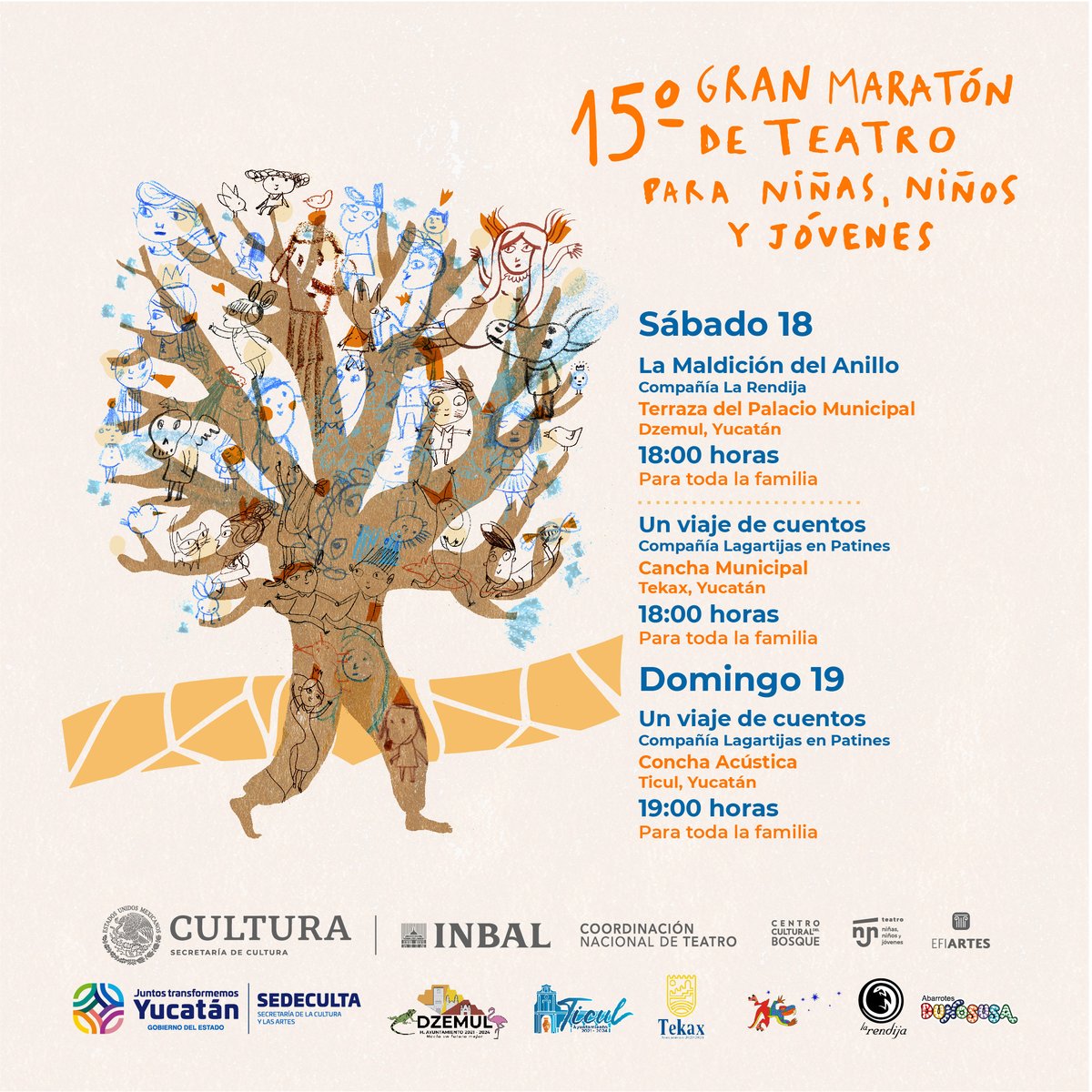 SedecultaYuc's tweet photo. 🎭En el marco de la celebración del Día Mundial del Teatro, la @teatroinbal y la #Sedeculta organizan el 15° Gran Maratón de Teatro para Niñas, Niños y Jóvenes.

En #Yucatán, este magno evento se realizará en #Dzemul, #Tekax y #Ticul.

🎟 Entrada libre https://t.co/ynH8NKlgnD
