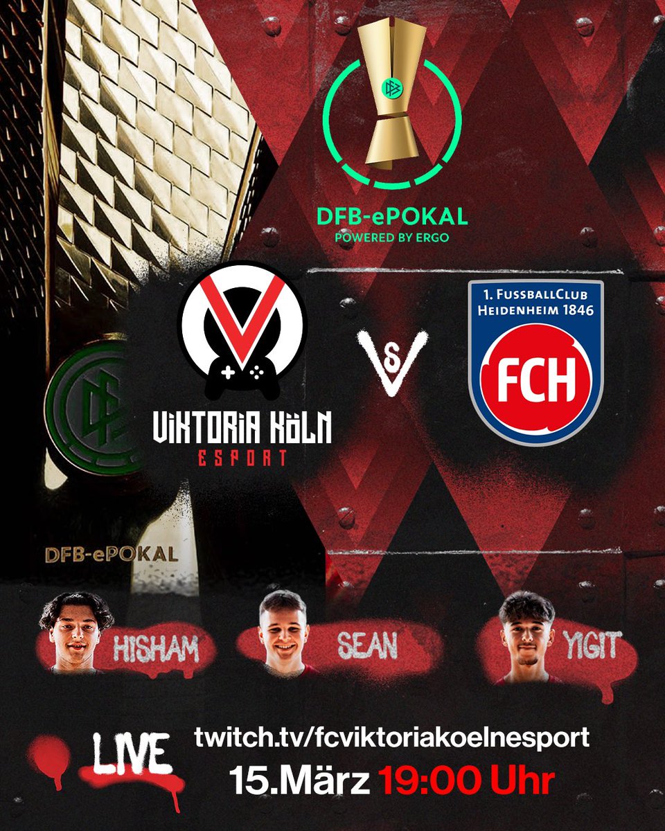 Die Auslosung für die 1. Hauptrunde des DFB ePokals ist erfolgt. ✅

Am 15.03. um 19 Uhr treten wir gegen den 1. FC Heidenheim an. 📆

Let‘s Go!! 🔥🔥

<a href="/viktoria1904/">FC Viktoria Köln 1904</a> | @DFB_eFootball | #Viktoria | #FIFA23 | #DFBePokal