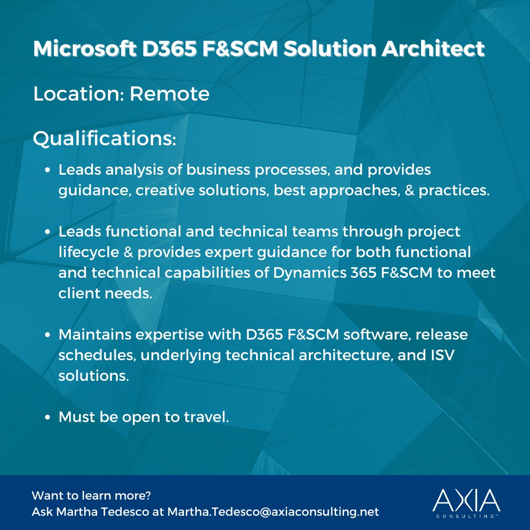 Our AXIA Team is expanding! We are actively hiring for these Microsoft positions. ⬇️

Connect with our hiring team today!

#microsoftdynamics #supplychainmanagement #solutionarchitect #hiring #nowhiring #consulting

axiaconsulting.net/job-openings/