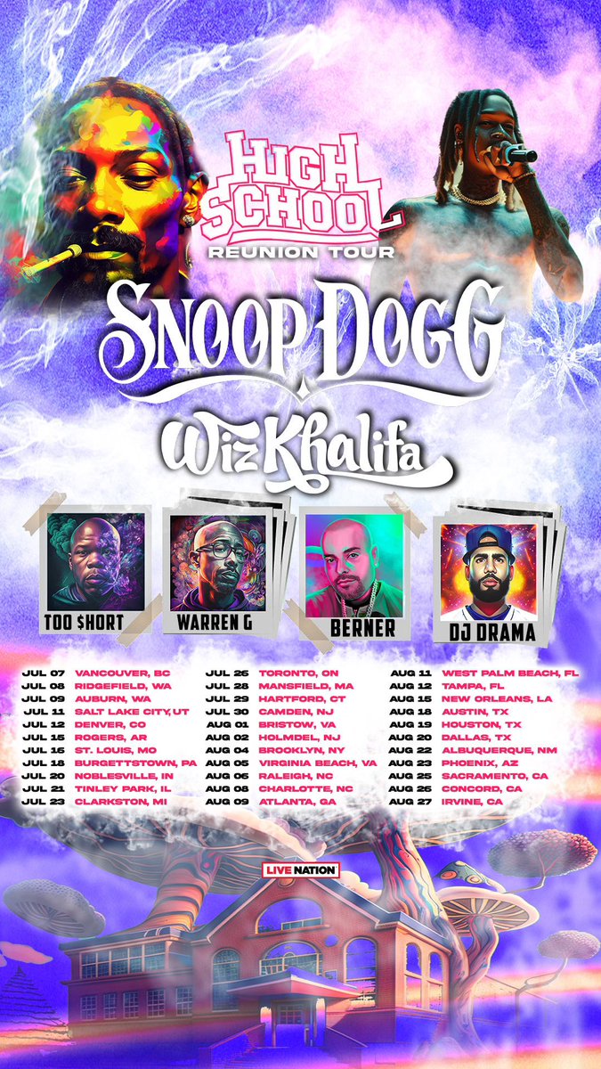 TaylorGang's tweet photo. JUST ANNOUNCED 💨 The High School Reunion Tour 📚 with @SnoopDogg, @WizKhalifa, @TooShort, @regulator, &amp; @berner415 with special guest @DJDrama 🔥 Text 412-226-4201 for the presale code 🤫

Presale March 6th - On sale March 10th https://t.co/Sx9uYiZht2