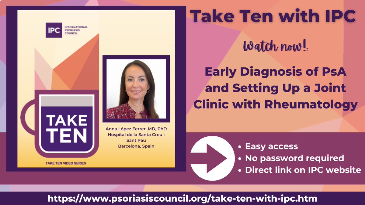 IpcPs's tweet photo. Join #IPCCouncilor Anna López Ferrer as she discusses the importance of early detection & diagnosis of psoriatic arthritis in patients with #psoriasis. Learn more about setting up a joint clinic specializing in #dermatology & #rheumatology.
https://t.co/BQhgckeUeM
#TakeTenWithIPC https://t.co/p7eWJp6LzM