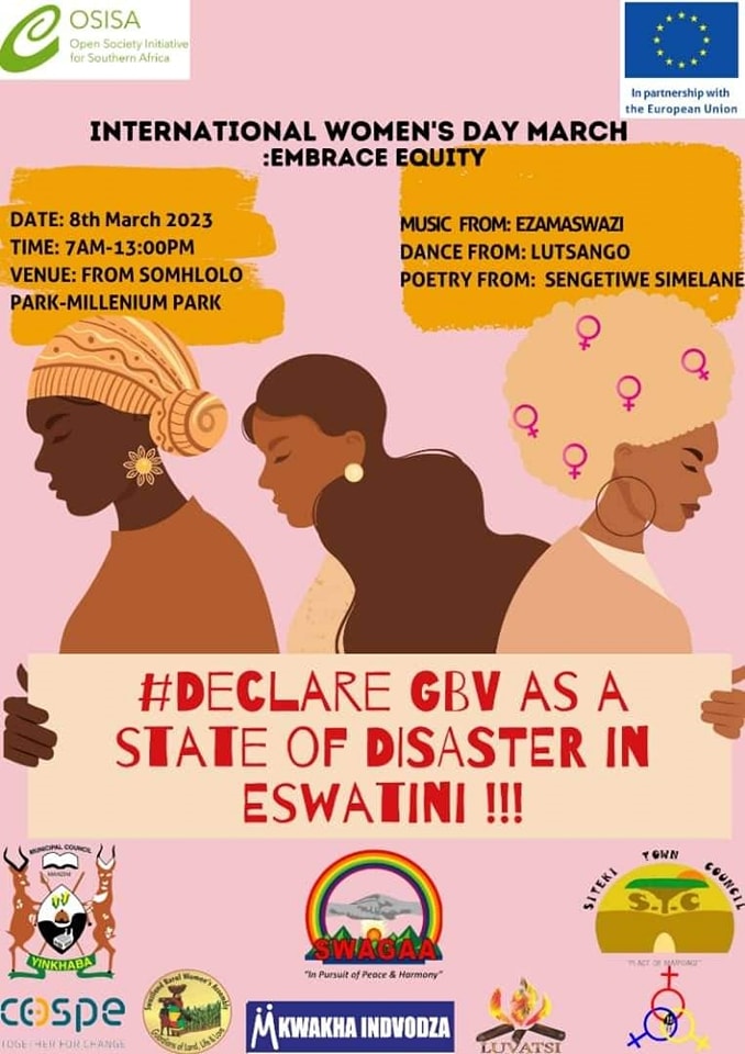 Join us on Wednesday, the 8th of March as we march from Somhlolo park to the Millennium park as we make a statement on the #GBV crisis in Eswatini and also celebrate International Women's Day. ♀️ #EmbraceEquity #declaregbvasadisasterineswatini
