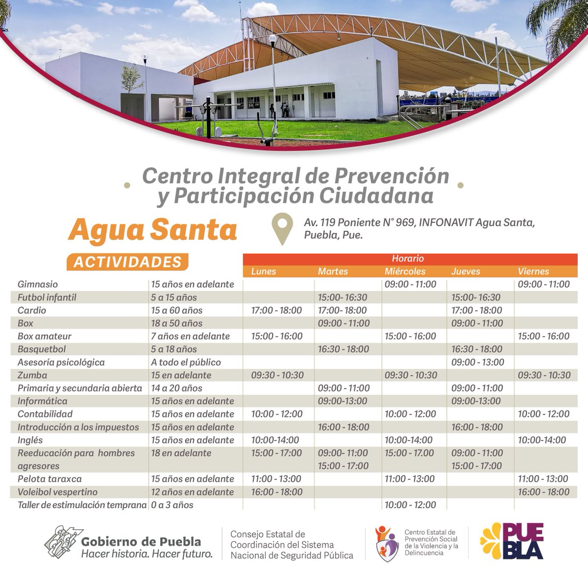 CECSNSPue's tweet photo. #HagámosloJuntos | El #CIPPC Agua Santa te espera con las puertas abiertas para que disfrutes de las actividades que tenemos para todas las edades.
📍 https://t.co/fNsLEBnu5b
#PrevenciónParaPuebla #PorPuebla https://t.co/4VCGu99PYF