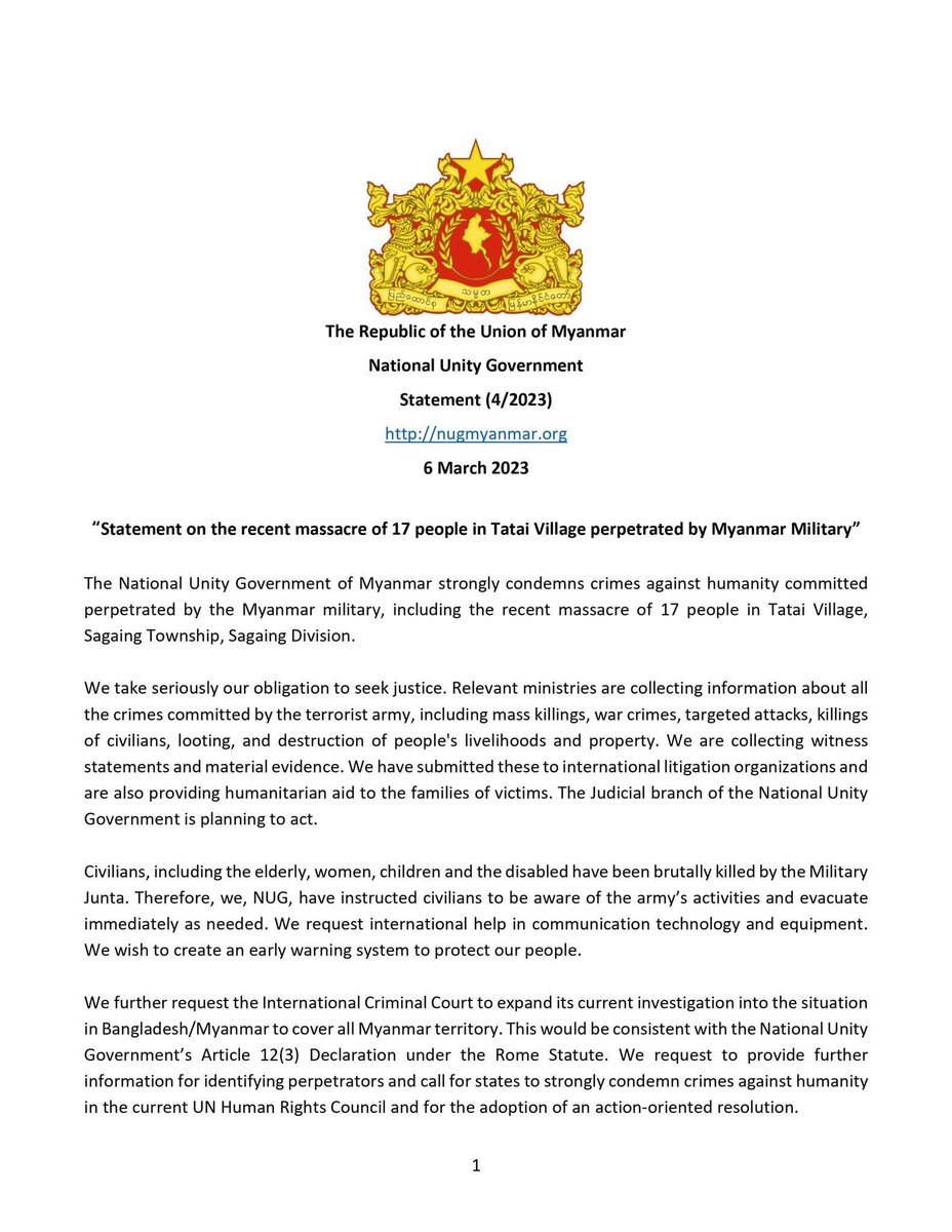 bloggernpl's tweet photo. “Statement on the recent massacre of 17 people in Tatai Village perpetrated by Myanmar Military” #NUG #WhatsHappeningInMyanmar https://t.co/2OAmQ25p23