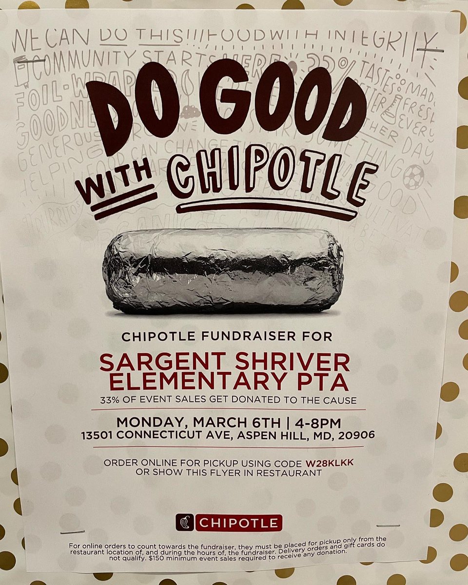 Support Sargent Shriver PTA on Monday for their Restaurant Night @ChipotleTweets in Aspen Hill. Ordering online? Use code W28KLKK https://t.co/VYeUETLrSf