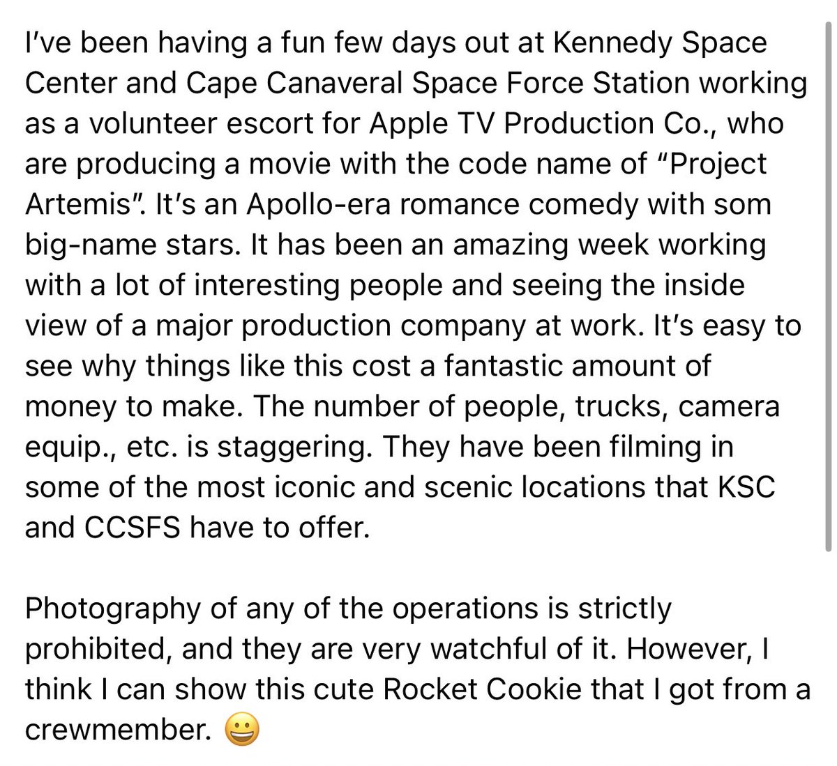 PARTEMISFILM's tweet photo. Some NASA crew shared this photo of a cute Rocket Cookie given at the Project Artemis set when they were filming in Florida 🥹🚀 https://t.co/W6KdT4gb5a