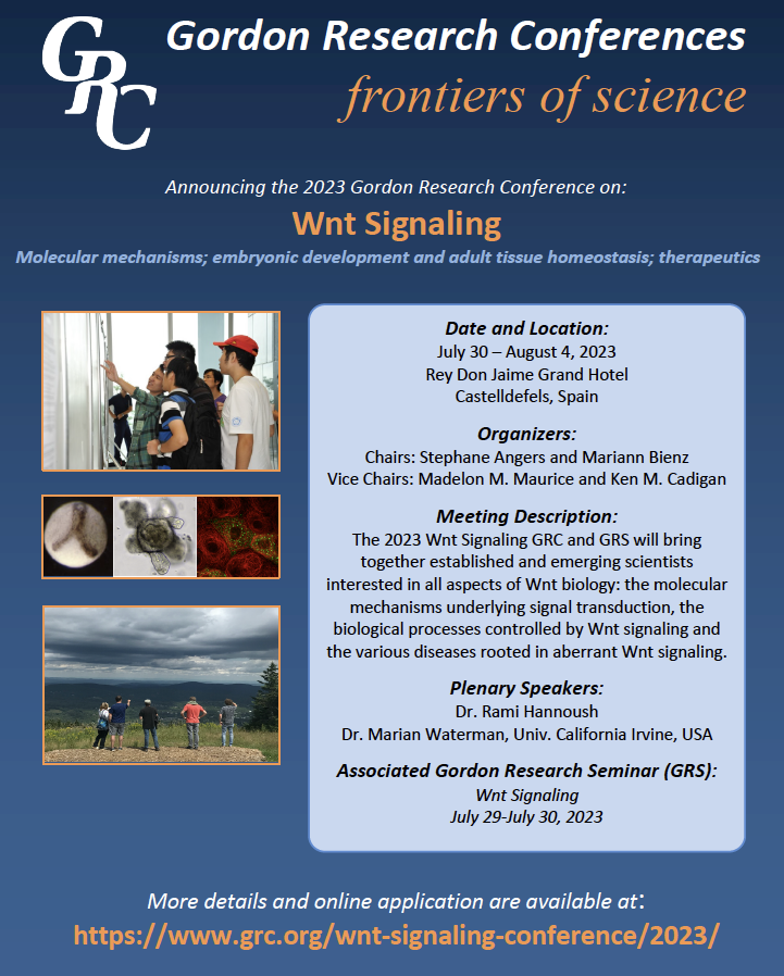 The meeting is capped at 200. Please register before it is too late... The 2023 GRC on Wnt signaling is July 30 - Aug 4, 2023 in Castelldefels, Spain. The associated GRS is July 29 - July 30 at the same location. 
grc.org/wnt-signaling-… @GordonConf  @TalksWnt  @WntPublications