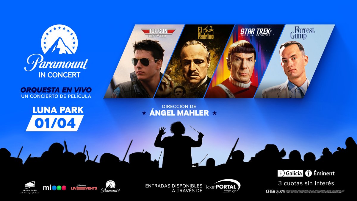 telefe's tweet photo. El 01/04 llega por primera vez a la Argentina: #ParamountInConcert 🎶 Dirigido por @angelmahlerok y con una orquesta de más de 60 músicos en escena, el evento en vivo en @stadiumlunapark permitirá al público experimentar el poder y las emociones de la música de las películas más icónicas de Paramount 🏔️ #LiveEvents