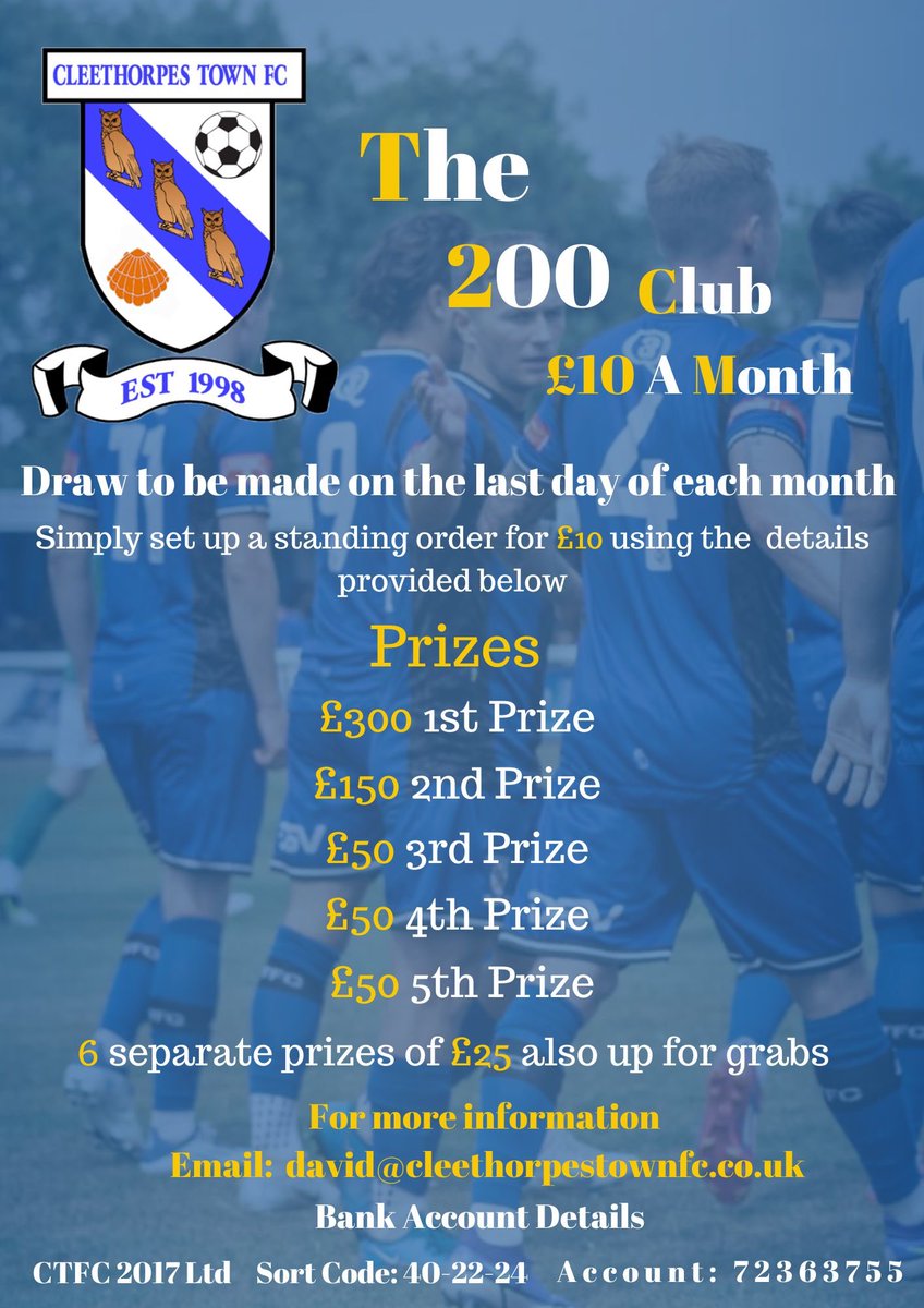 Have you joined the 200 Club? Not only is it a great way to win some £ it’s also a great way to help your local #nonleague club 👏🏻👏🏻 Get in touch today to get your exclusive number #Cleethorpes #nelincs