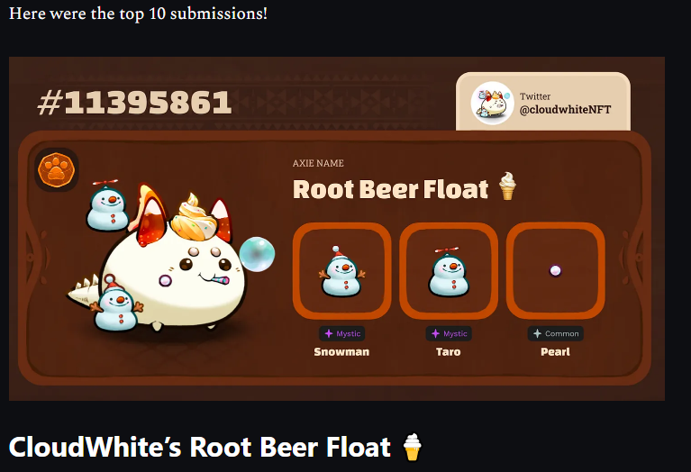 wiceTroc1ty's tweet photo. I love that @cloudwhite's axie, which I bread, took home the #1 spot in @AxieInfinity #AxieLookBook https://t.co/5OFlVLCqZe