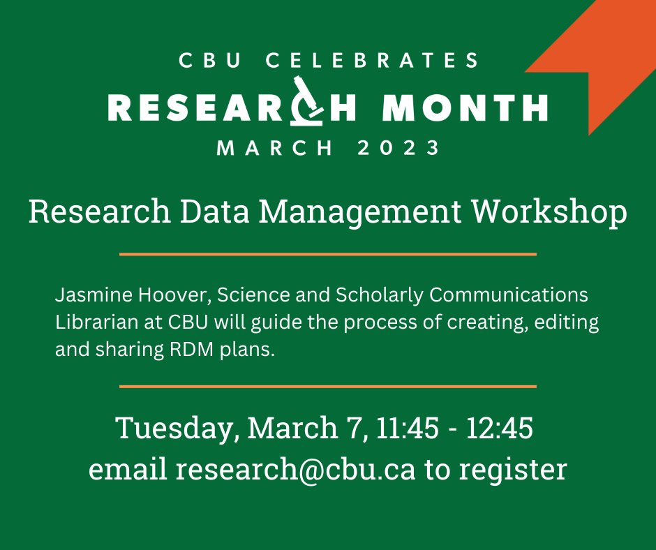 TOMORROW, March 7, 11:45-12:45: Join us for a virtual hands-on session on Teams, focused on creating a Research Data Management plan. Researchers are asked to create a login for DMP Assistant for the most benefit. Email research@cbu.ca to register.