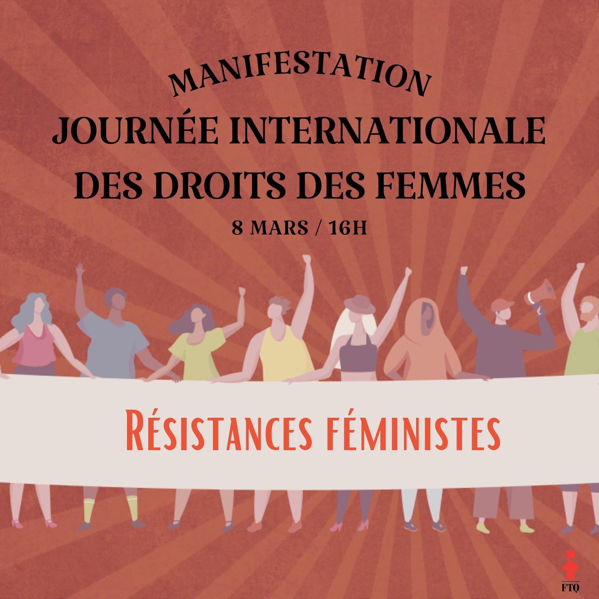 La Journée internationale des droits des femmes se déroule sur le thème Résistances féministes. Soyons nombreuses et nombreux à manifester et à montrer la force du mouvement féministe✊🏼✊🏽✊🏾✊🏿
👉Quand? Mercredi 8 mars, 16h
👉Où? 845 rue Sherbrooke Ouest, MTL