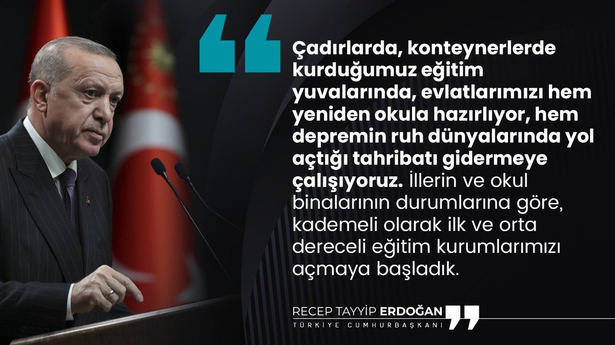 _efe_efe_derya_'s tweet photo. Cumhurbaşkanı @RTErdogan:

"Çadırlarda, konteynerlerde kurduğumuz eğitim yuvalarında, evlatlarımızı hem yeniden okula hazırlıyor, hem depremin ruh dünyalarında yol açtığı tahribatı gidermeye çalışıyoruz."

HEMEN ŞİMDİ https://t.co/6cCyVvRkDQ
