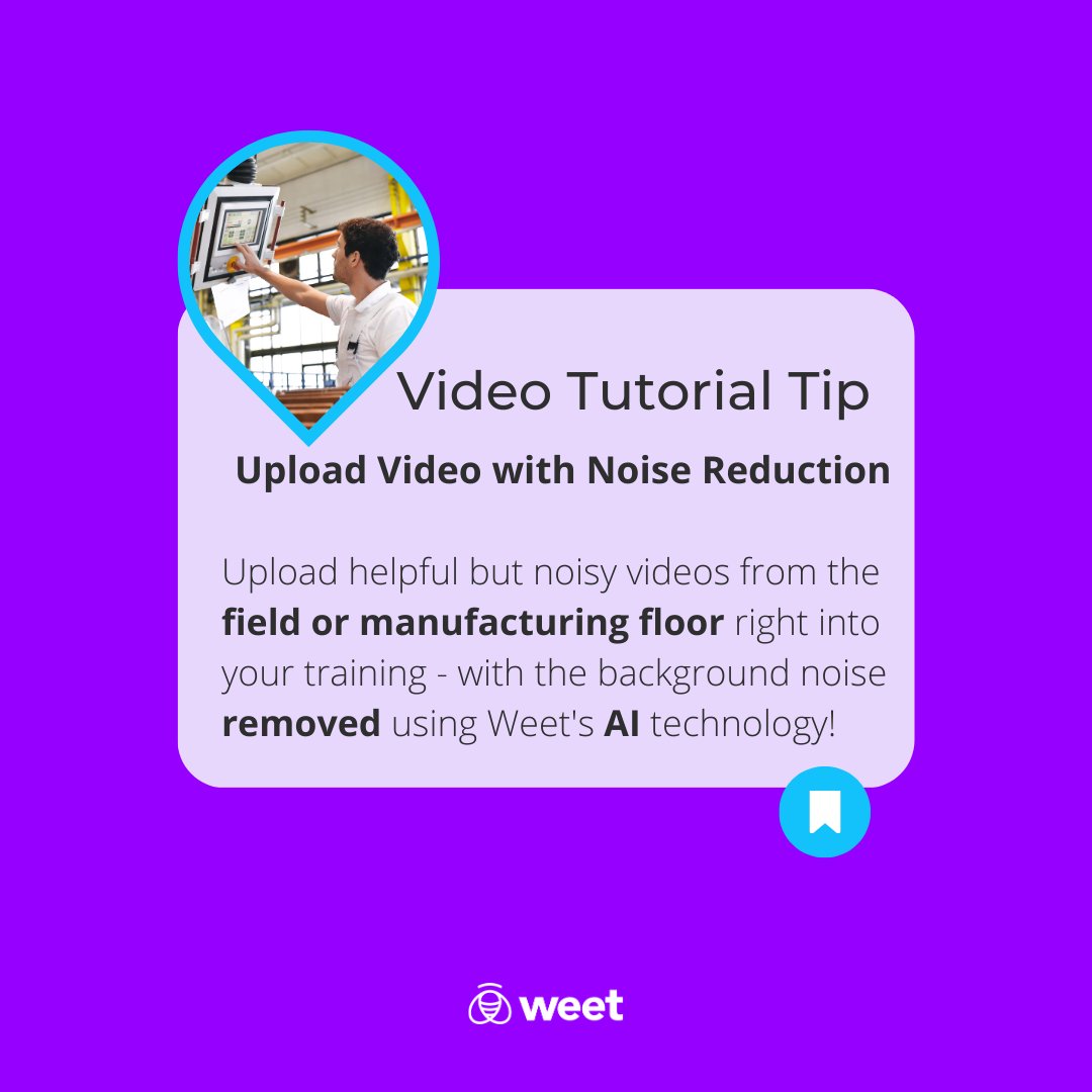 beweet's tweet image. Happy Monday Weeters!
Need to add a noisy video to your video training? Use Weet's #AI noise reduction feature to cancel out any unwanted noise from video uploads.
Try it for free today at weet.co
#learningdesign #learningexperiencedesigner #knowledgecenter