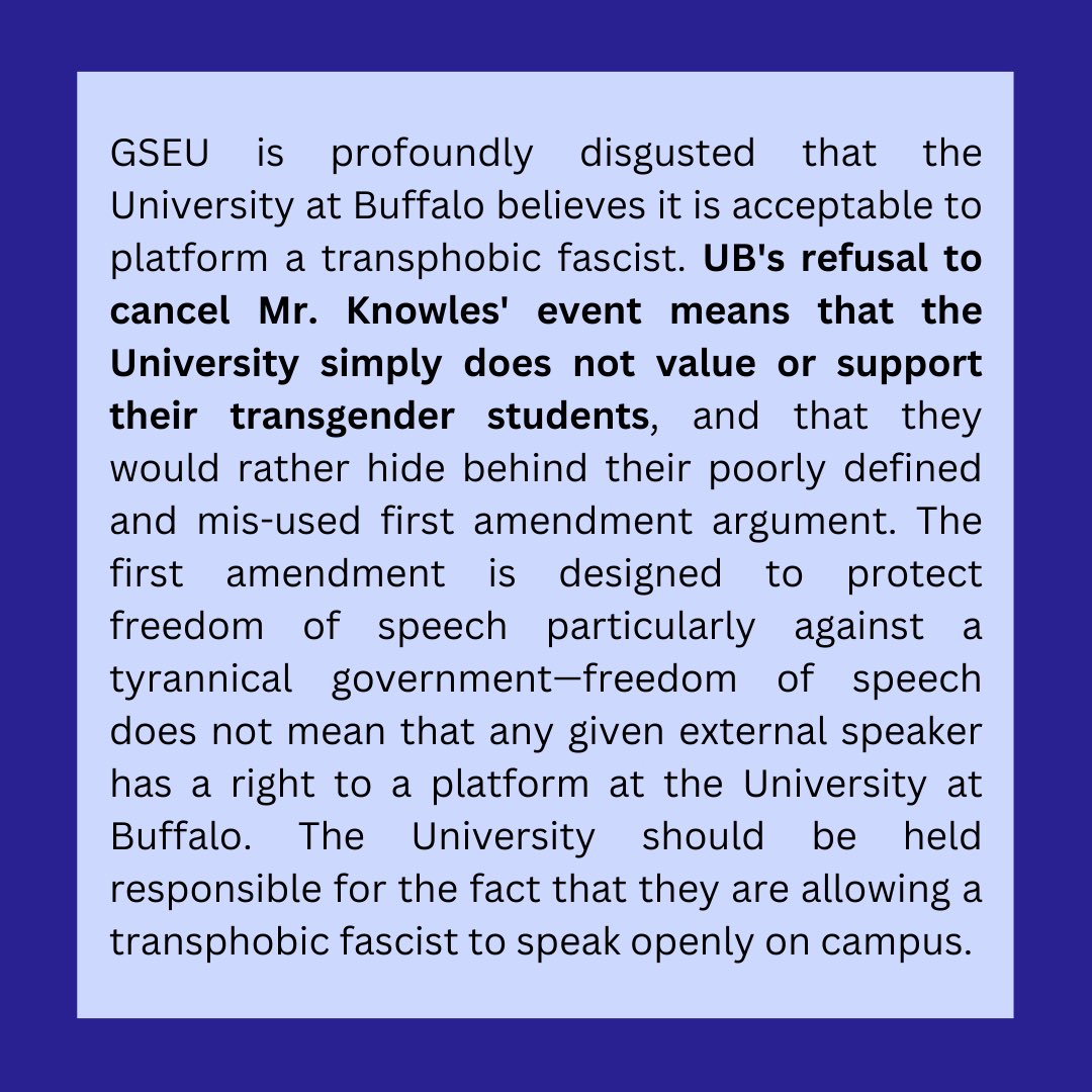 GSEUatUB's tweet photo. Below is our statement on @UBuffalo &amp; @UB_President refusal to cancel a speaking event this Thursday, platforming a transphobic fascist ⬇️ https://t.co/LLBTIGfujL