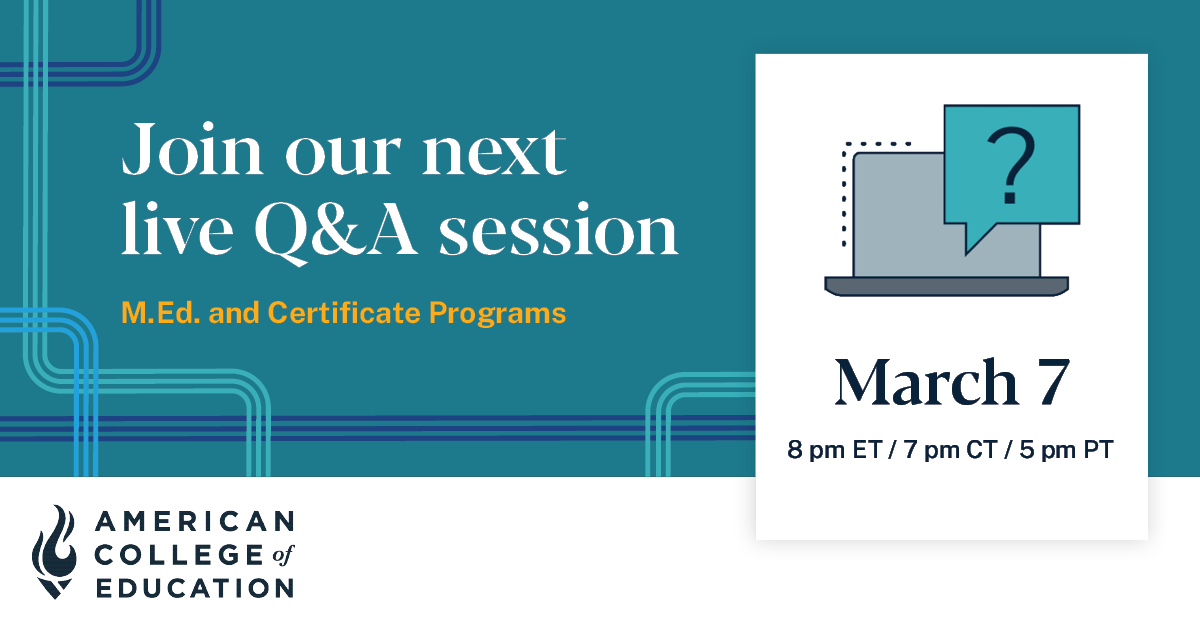 ACEedu's tweet photo. What questions do you have about our fully online #mastersdegrees or #certificateprograms? We'll answer them TOMORROW during our live Q&A! Register for it now: https://t.co/mqTslkqY0O https://t.co/xayD7CyWc3