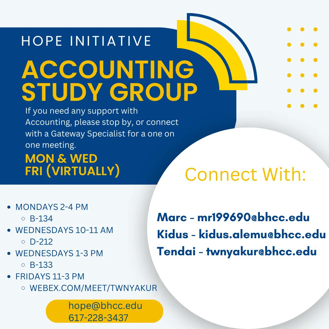 Taking an Accounting course this semester? Come join our HOPE Study Group, which meets multiple times a week, both in-person and remote!  #BHCC #HOPE #Accounting