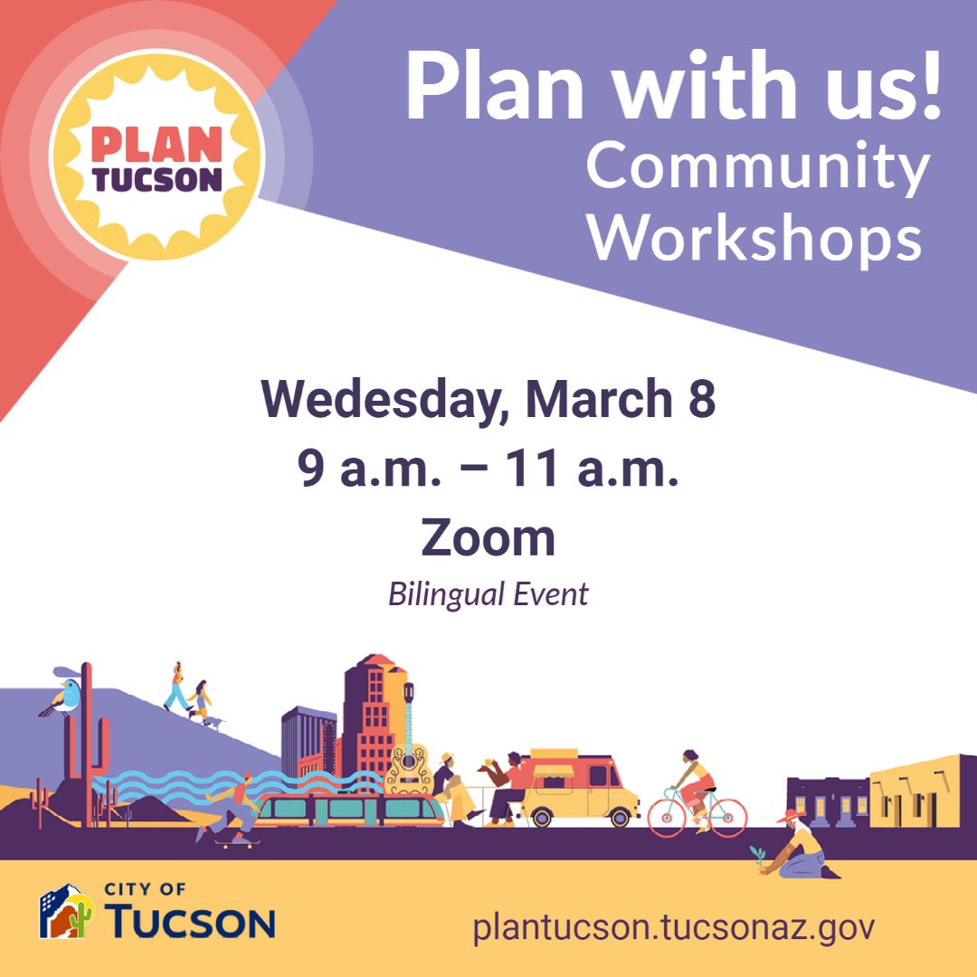TucsonPDSD's tweet photo. Join us Wed. 3/8, for a Community Workshop! The @cityoftucson is updating #PlanTucson. Your input will help us develop a growth plan reflecting our community’s shared goals and visions for Tucson. #PlanWithUs
WORKSHOPS: https://t.co/247YrCjIfe
SURVEY: https://t.co/xYirmbpY0h https://t.co/QIEzQbe8vB