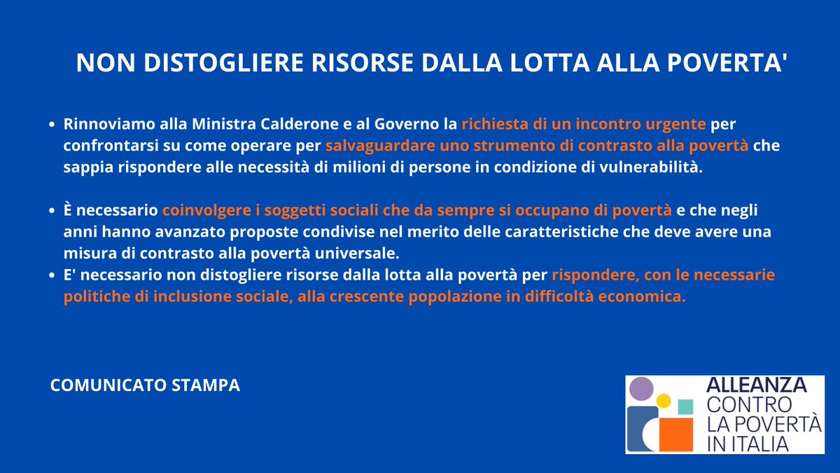 🗣️#rdc #Mia
 L’Alleanza rinnova alla Ministra #MarinaCalderone e al Governo la richiesta di un incontro urgente per confrontarsi su come operare per salvaguardare uno strumento di contrasto alla #povertà.
Leggi il comunicato stampa sul nostro sito 👇
alleanzacontrolapoverta.it/news/alleanza-…
