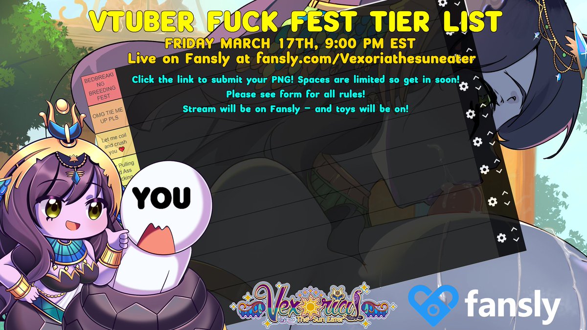 🥵VTUBER LEWD ART TIER LIST🥵

Submit your sexiest art and let me lust over you and tell you how we'd spend a night together! 

I'll be streaming on Fansly, with eye tracking and toys on!

Mar 17, 9:00PM EST!

⬇️Details and submission link below⬇️

#Vtuber #lewdtuber #booba