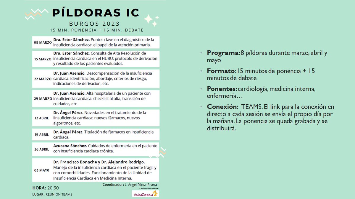 Ángel Pérez Rivera (@angperi) on Twitter photo 📢Nuevo proyecto de la #UnidadIC #InsuficienciaCardiaca de #Burgos.
#PíldorasIC con la colaboración de <a href="/AstraZenecaES/">AstraZeneca España</a>
Debates breves entre #cardiología #medicinainterna #atenciónprimaria y #enfermeria.
En breve enviamos link (provincia Burgos)
🗓️Empezamos 8/3/23 - 20,30h 📢Nuevo proyecto de la #UnidadIC #InsuficienciaCardiaca de #Burgos.
#PíldorasIC con la colaboración de <a href="/AstraZenecaES/">AstraZeneca España</a>
Debates breves entre #cardiología #medicinainterna #atenciónprimaria y #enfermeria.
En breve enviamos link (provincia Burgos)
🗓️Empezamos 8/3/23 - 20,30h
