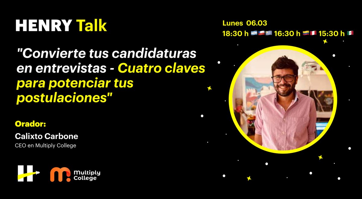 soyhenry_ok's tweet photo. HOY 💥 HENRY TALK 💥 "Cuatro claves para potenciar tus postulaciones" con @medicenelcali de https://t.co/a8pKLzzd4H 🚀🚀

✅ Regístrate aquí: https://t.co/okHNEWrkDi

¡No te lo pierdas! 👇
🗓️ 18:30 h 🇦🇷🇨🇱🇺🇾 16:30 h 🇨🇴🇵🇪 15:30 h 🇲🇽

 #SoyHenry https://t.co/qiC1S1dqoQ