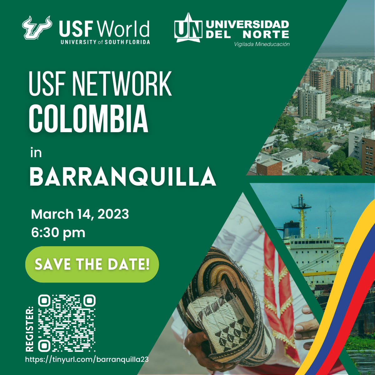 USFalumniAssn's tweet image. If you're a #USF alum. faculty member, or an existing or prospective student in #Colombia, join us in Barranquilla 6:30 p.m. March 14 for USF Network Colombia! This first-ever event is hosted by #USFWorld in partnership with Universidad del Norte. Sign up: buff.ly/3mzgeE4