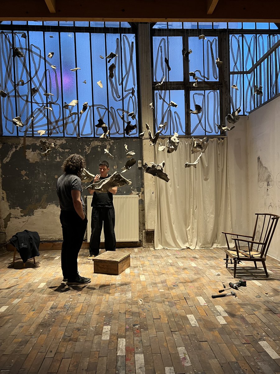 postmodernclio's tweet photo. Vasyl Grubliak’s poignant installation ‘Russian Kiss’ presents an immersive kinetic sculpture comprised of fragments from two #Russian rockets fired into #Ukraine. It was an honor to speak with the artist &amp; contribute to the closing of this exhibition at l’AiR Arts in #Paris https://t.co/BB3GPVfB5F