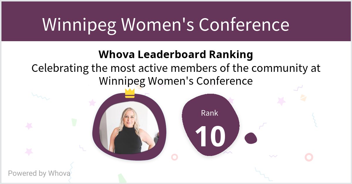 beththrall's tweet photo. I ranked #10 on the Whova leaderboard at Winnipeg Women's Conference! #wwc2023 - via #Whova event app https://t.co/G9ocY6YSlI