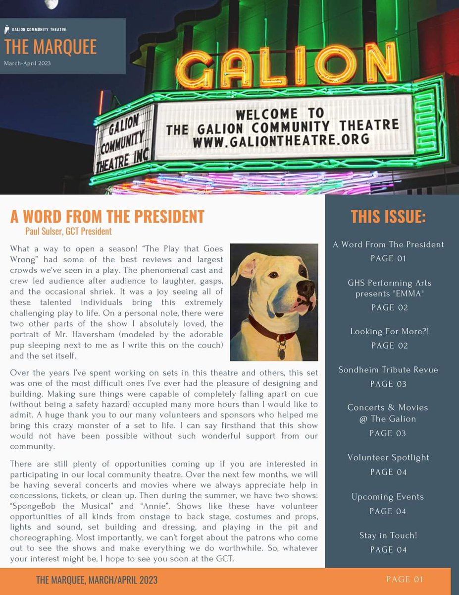 GalionTheatre's tweet image. The Marquee: March/April 2023

It's only the 3rd month of the year and already GCT has put on a concert, screened two movies, AND produced a hilarious play, "The Play That Goes Wrong." Check out this edition of "The Marquee" to see that we won't be slowing down anytime soon.