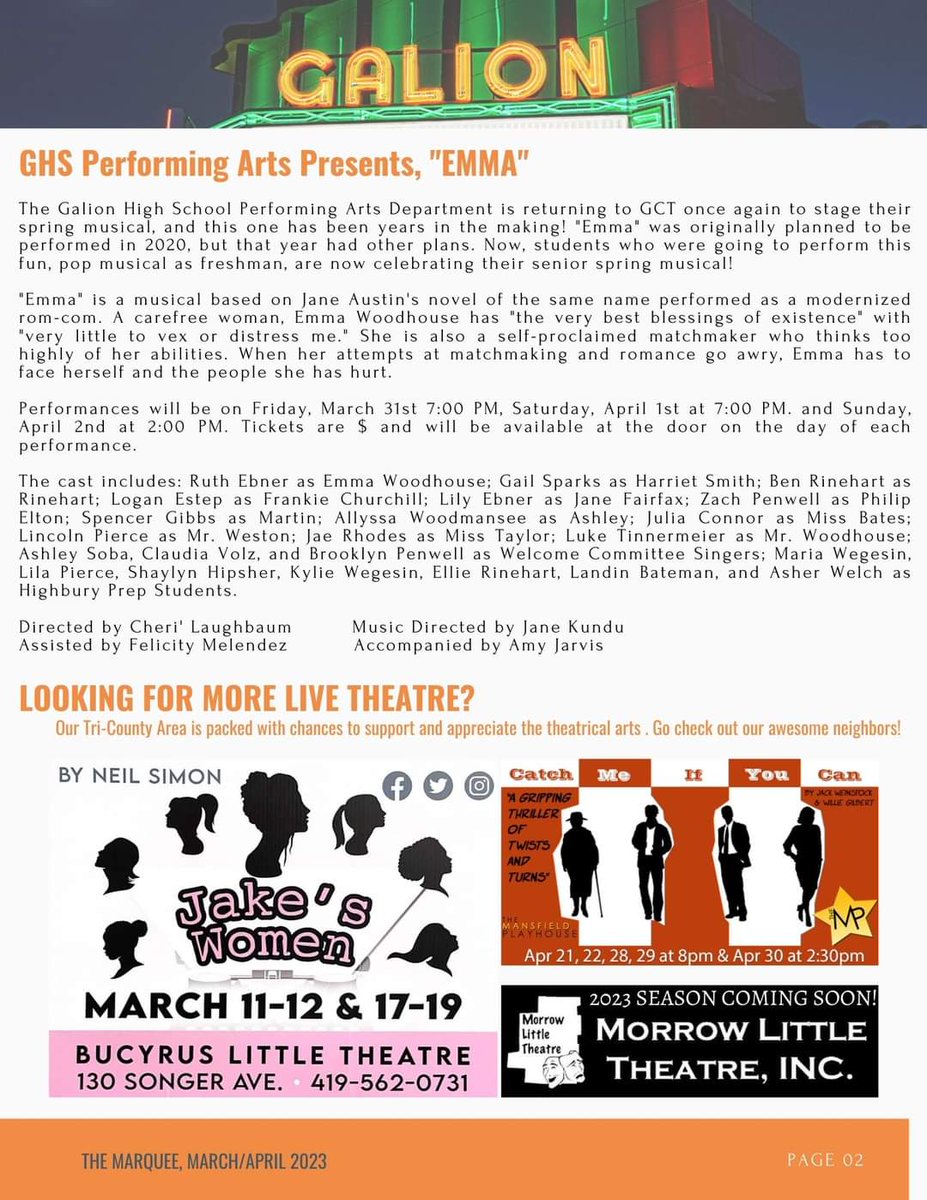 GalionTheatre's tweet image. The Marquee: March/April 2023

It's only the 3rd month of the year and already GCT has put on a concert, screened two movies, AND produced a hilarious play, "The Play That Goes Wrong." Check out this edition of "The Marquee" to see that we won't be slowing down anytime soon.