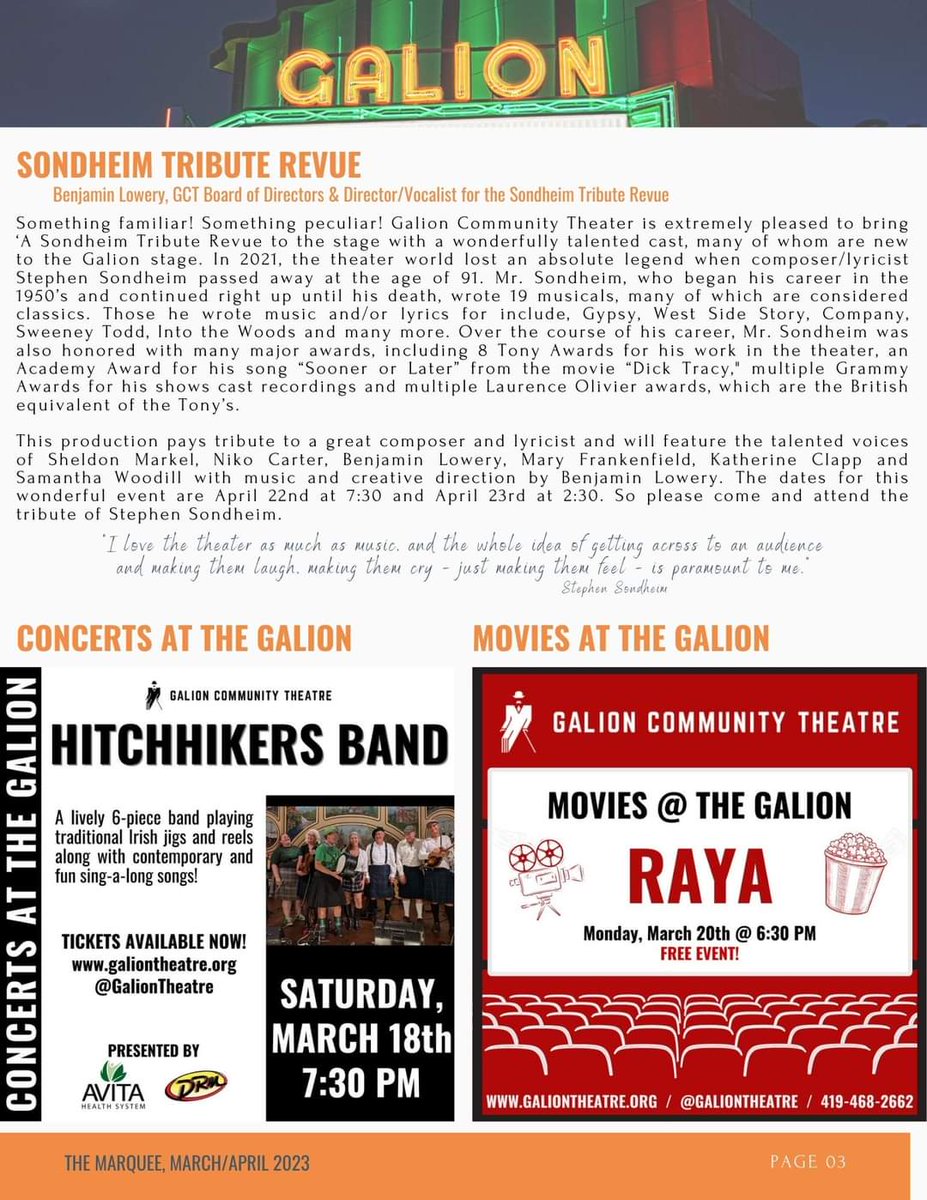 GalionTheatre's tweet image. The Marquee: March/April 2023

It's only the 3rd month of the year and already GCT has put on a concert, screened two movies, AND produced a hilarious play, "The Play That Goes Wrong." Check out this edition of "The Marquee" to see that we won't be slowing down anytime soon.