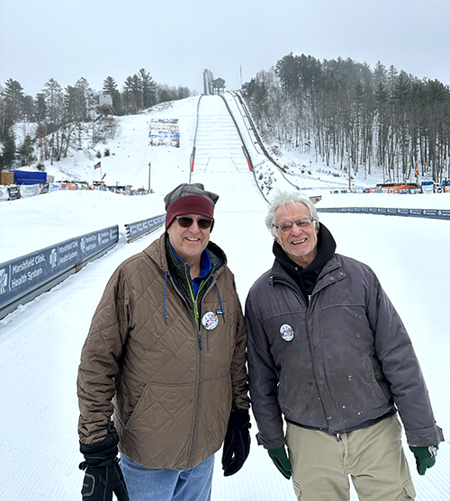MIcounties's tweet photo. Board Director Joe Stevens of Dickinson Cty hosted MAC Prez Stan Ponstein of @KentCountyMI and Exec Dir @SteveCurrie3 for the FIS Continental Cup competition at Pine Mountain last week; just another wonderful example of #michigan 's winter wonderland https://t.co/1HFdZFuYFe