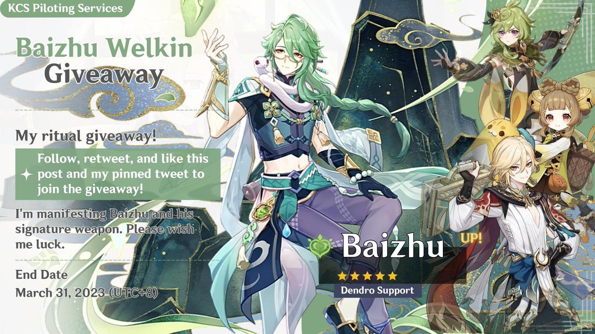 kyces_comms's tweet photo. ⟡ baizhu welkin giveaway ⟡ 

ᰔ rules
— follow + rt post
— ♡ &amp; rt  pinned post 
— ❛optional❜ share who will you pull for 

✦ ends: march 31, 2023 | 8:00 p.m. (gmt+8)
⤷ via codashop
⤷ i will pick the winner

(˶˃ᆺ˂˶)

˗ˏˋ ! tags: #genshintwt #genshingiveaway #genshin  ˎˊ˗ https://t.co/XQbdLW44Fk