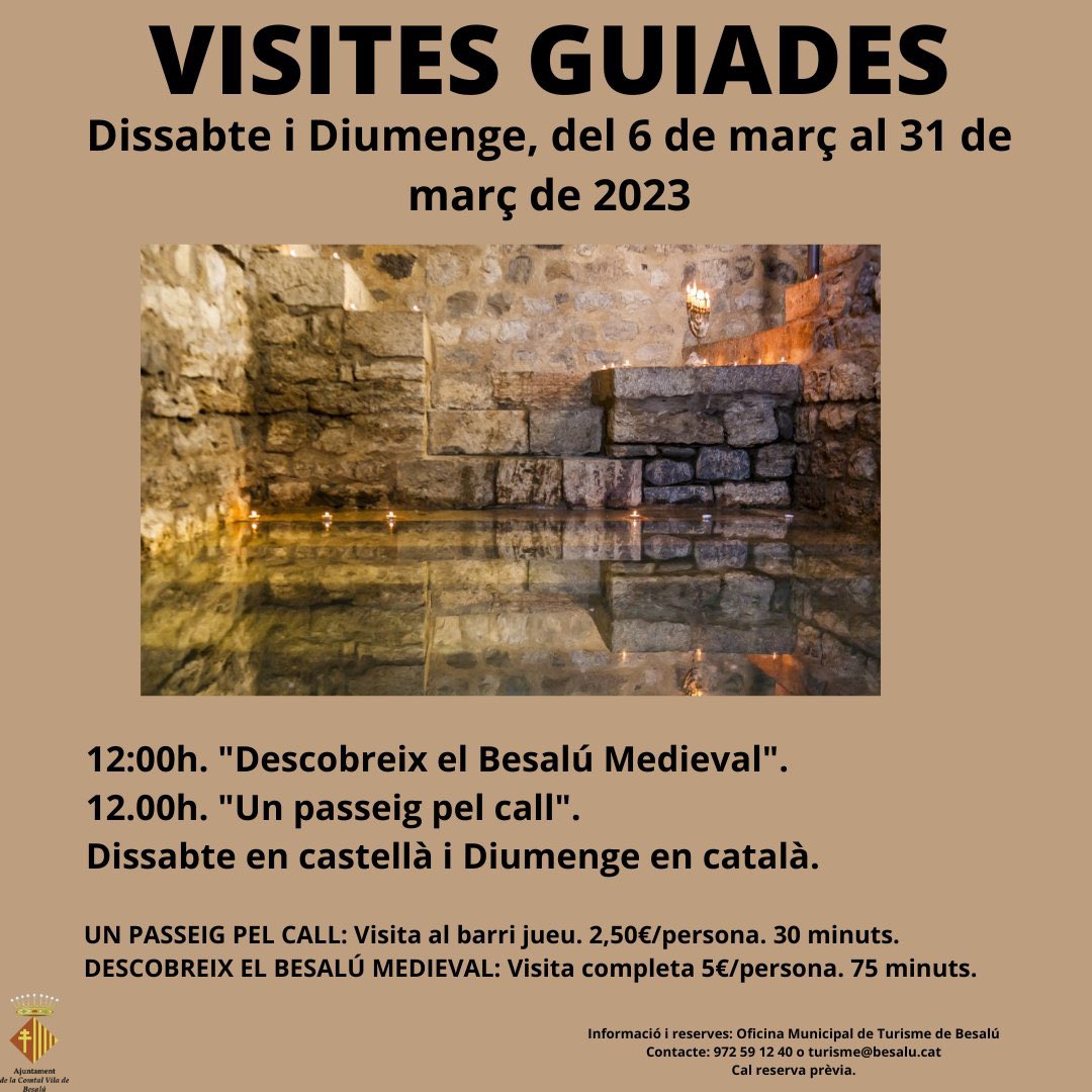 Besalú Turisme (@besalu_turisme) on Twitter photo Visites guiades a Besalú els caps de setmana de març😍
🔹 'Descobreix el Besalú Medieval'
🔹 'Un passeig pel Call'
📍 Oficina de Turisme
✍️ 972591240 - turisme@besalu.cat
#turismebesalu
<a href="/catexperience/">Catalunya Experience</a>
<a href="/turismegarrotxa/">Associació Turisme Garrotxa</a>
<a href="/costabrava/">Costa Brava Pirineu</a>
<a href="/gironanoticies/">Diari Girona Notícies</a> Visites guiades a Besalú els caps de setmana de març😍
🔹 'Descobreix el Besalú Medieval'
🔹 'Un passeig pel Call'
📍 Oficina de Turisme
✍️ 972591240 - turisme@besalu.cat
#turismebesalu
<a href="/catexperience/">Catalunya Experience</a>
<a href="/turismegarrotxa/">Associació Turisme Garrotxa</a>
<a href="/costabrava/">Costa Brava Pirineu</a>
<a href="/gironanoticies/">Diari Girona Notícies</a>