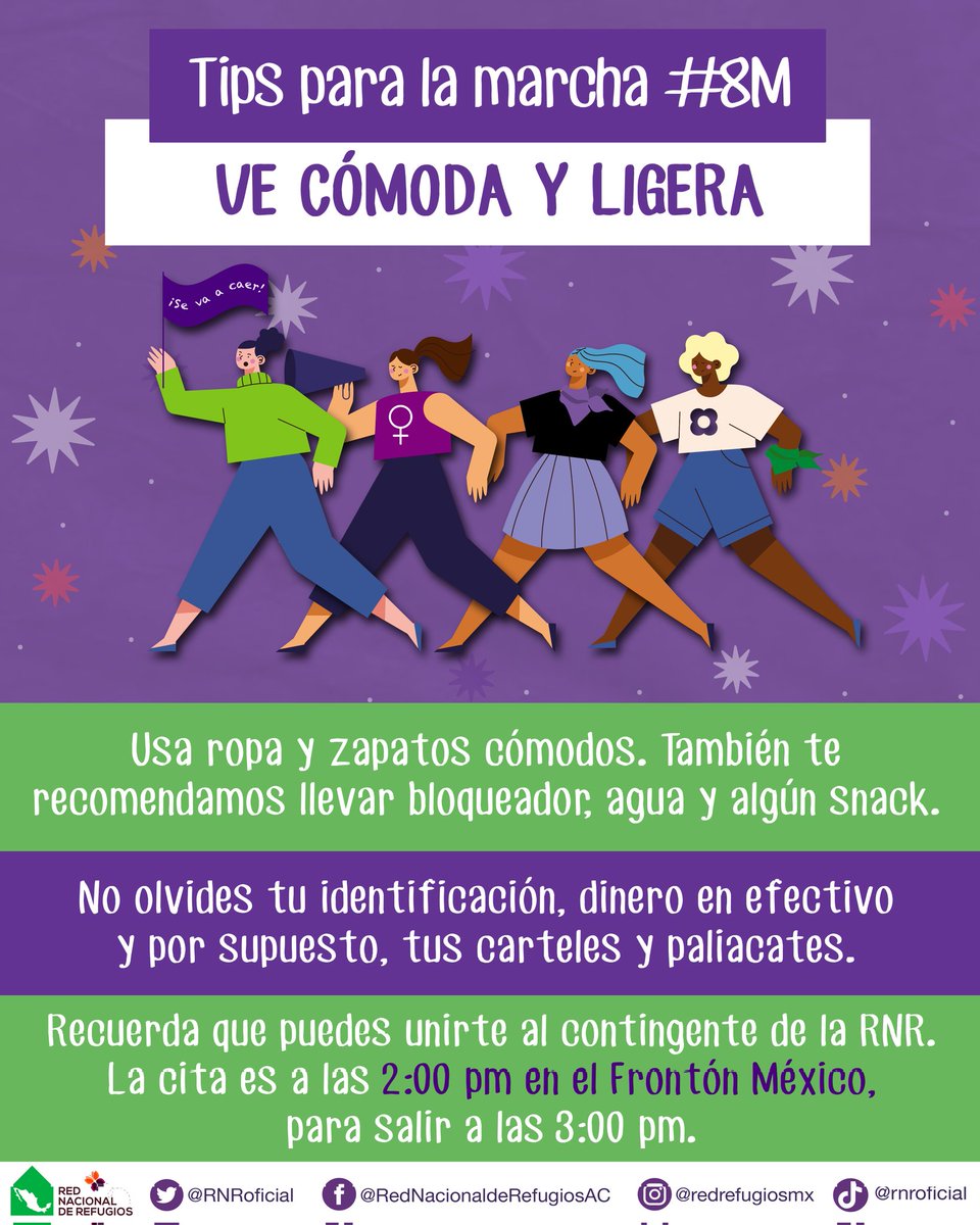 RNRoficial's tweet photo. 💚¿Ya preparaste tus cosas para salir a marchar este #8M?

No olvides llevar en una bolsa peque🎒👉🏼💧🍎🍫🪪📱e ir cómoda👟🕶🧢para hacer de esta experiencia de exigencia y resistencia un momento inolvidable de acuerpamiento y sororidad💜✊🏼

#NiUnaMas #NiUnaMenos #VivasNosQueremos https://t.co/SzGlgAQv6A