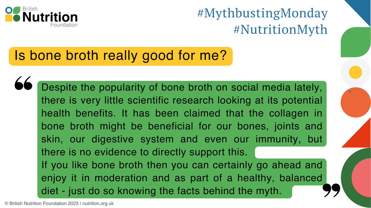 NutritionOrgUK's tweet photo. It's #MythbustingMonday &amp; time for us to tackle another #NutritionMyth

Is bone broth really good for me?🧐👇

For more on important nutrients to think about for healthy ageing &amp; advice on supplements, visit https://t.co/T3SlKVETum https://t.co/hQVDAoDCbL