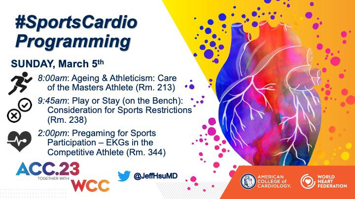 icorvilud's tweet photo. Impressive #sportscardio programming #ACC23
🏃♀️Ageing & Athleticism: the master #athlete
🏃♀️Cardiovascular #Sports Restrictions
🏃♀️Pregaming: #preparticipation EKG in competitive athletes
#sportscardiology #cardiologiadeportiva #laSECtelleva #WCCcardio #ACC2023 #CardioTwitter https://t.co/KwtWOb770k