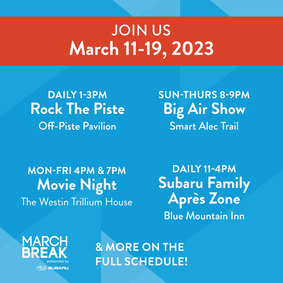 Start the car!! 🏔️ 🚙💨 March Break is almost here and we can't wait to welcome you to Blue for a jammed pack week of fun family-friendly events and performances at March Break presented by <a href="/SubaruCanada/">Subaru Canada</a>. Head to bluemountain.ca/things-to-do/e… to see the full events schedule!