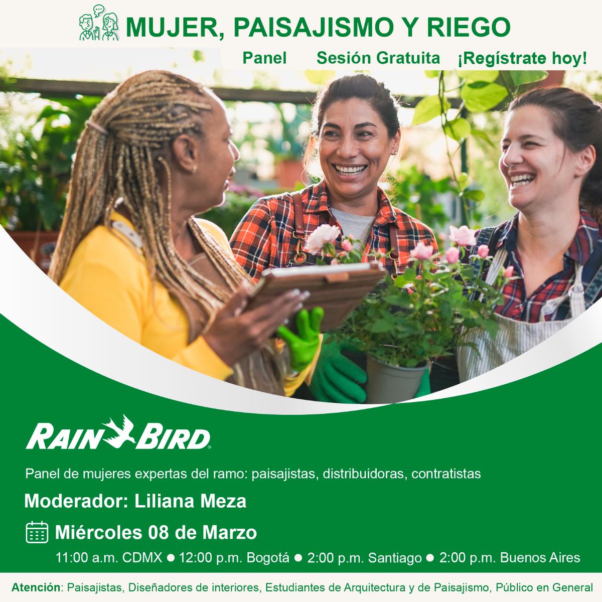 ¡No te lo pierdas! 🙌
Panel:  Mujer, paisajismo y riego. 
Link de registro: bit.ly/3YUrGbr 
¡Nos vemos mañana! 

#panel #Mujeres #paisajismo #ProductosRB  #tecnologiaenriego #riegointeligenteRB
